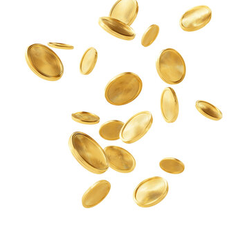 Falling gold coins with a generic design, isolated on white background, png