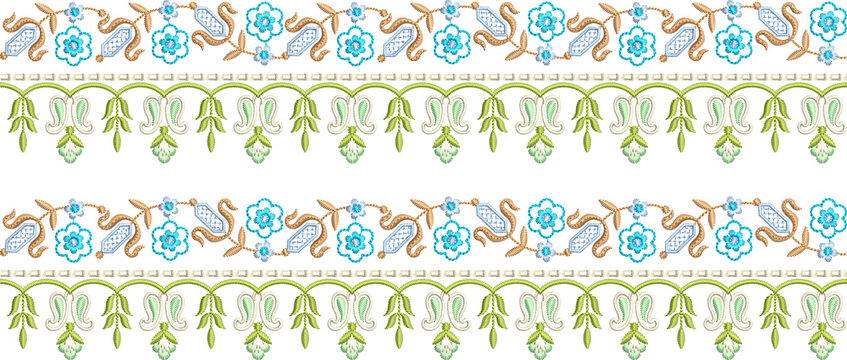 New art work Neck line shirt motif bunch lace border Embroidery Design Pattern Patch floral ornament textile ethnic flowers and leafs plants colur full design seleves and patti Embroidery design