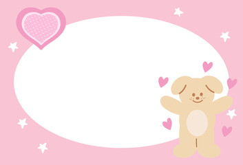 Fototapeta premium Rectangle pink frame with puppy, heart and star pattern for polaroid photo, ad template, social media post, decoration, notepads, sticky note, memo, print, poster, dog post card, animal, pet, vet