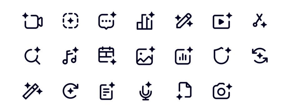 Artificial intelligence icon set. featuring chat, magic, sparkle, stars, prompt, AI, creativity and ai generated icons minimal thin line web icon set. Outline icons collection. Vector editable stroke