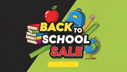A colorful illustration promoting a back to school sale with educational icons and supplies