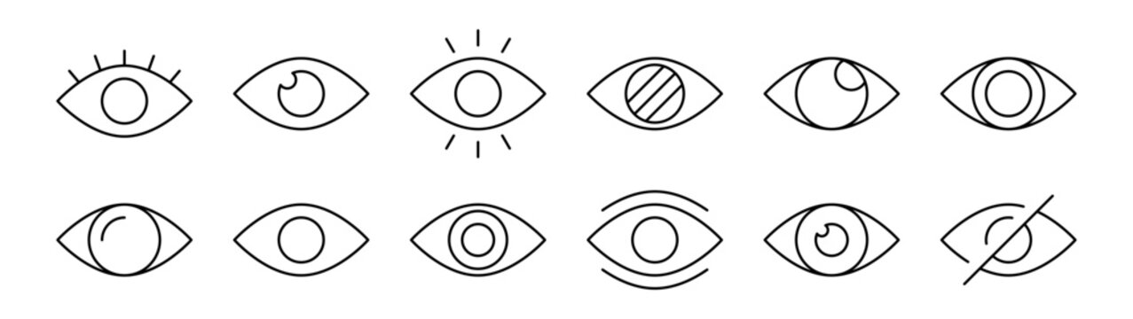 Minimal line eye icon set - eyesight symbol - invisible eye hide icon, incognito icon showing vision, visibility, privacy, focus, and awareness for UI, apps, and web design. editable stroke.