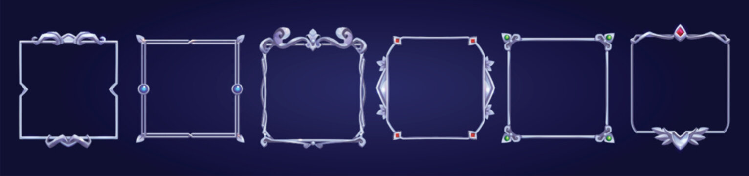 Fantasy game ui border set with silver magic frames vector