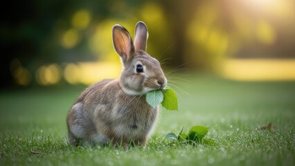 Fototapeta premium Rabbit eating green leaf in grassy field with sunlight background