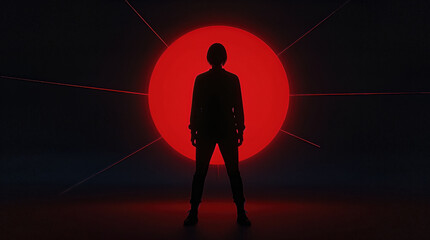 Fototapeta premium Silhouette of a person standing in front of a red glowing circle on a dark background.