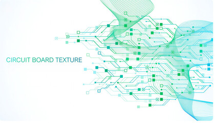 Circuit board texture with green and blue lines and squares on white background