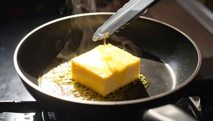 Close-up of yellow dessert being cooked with tongs and melting in a black pan