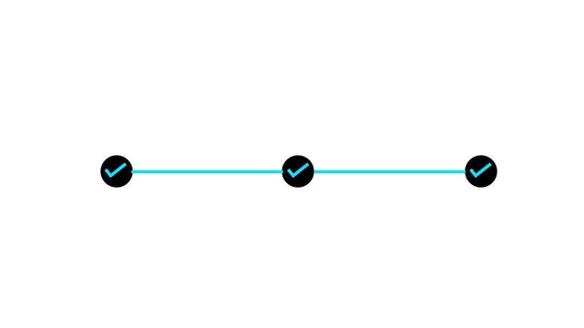 Three black circular with blue checkmarks connected by a bright cyan horizontal line on a clean white background symbolizing progress and successful completion of steps Keywords: checkmark, blue