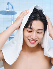Portrait of a young man with towel on head in the bathroom