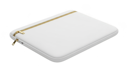 White laptop sleeve with gold zipper isolated on transparent background