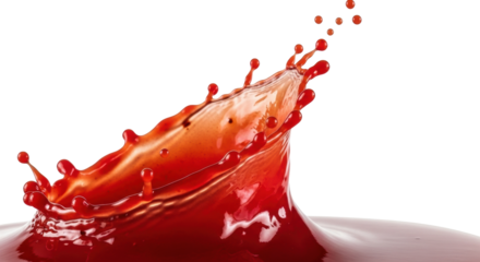 A dynamic, crimson red tomato ketchup splash, thick, viscous, glistening, with intricate textures and drips, isolated on a transparent background with copy space Concept for food advertising