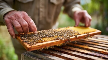 Hands of a beekeeper carefully examining a honeycomb frame filled with sealed brood and honey assessing the hives productivity outdoors.