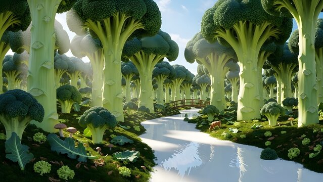 Surreal Broccoli Forest Landscape with a Milk River and Tiny Farm Animals