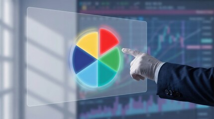 Businessman pointing at glowing colorful pie chart on transparent futuristic digital screen interface displaying business data analysis and financial growth statistics in a modern office setting