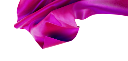 Dynamic image of a silk textile in shades of pink, purple, and magenta. The fabric drapes elegantly, set against a prist