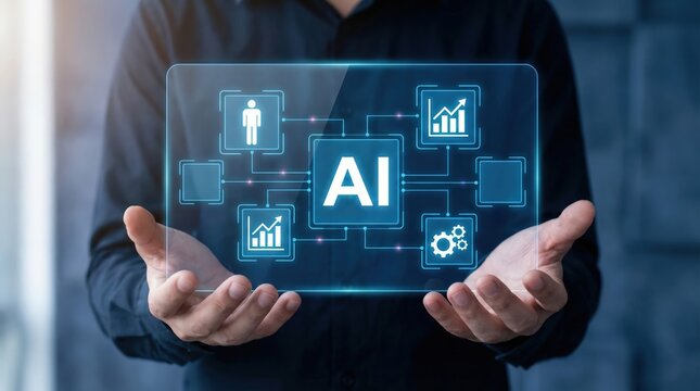Businessman holding a transparent digital screen displaying an artificial intelligence ai flowchart with icons representing business, data analysis, and automation in a modern, dark office setting - Powered by Adobe