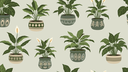 Seamless pattern featuring various potted house plants including peace lilies in decorative ceramic containers on a neutral background.