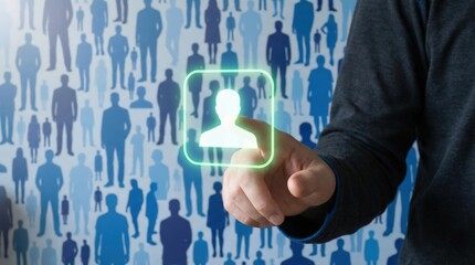 Businessman hand selecting a user profile icon from a crowd of silhouettes representing human resources recruitment or customer selection concept
