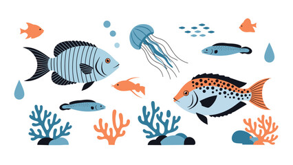 Fototapeta premium Colorful underwater scene featuring various tropical fish, a jellyfish, and vibrant coral reefs isolated on a clean white background.