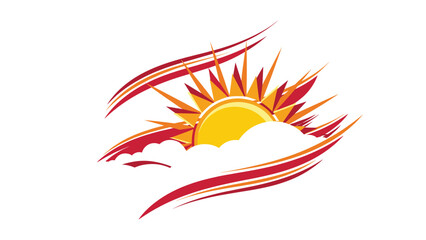 Obraz premium Graphic illustration of a bright yellow sun rising behind soft white clouds with dynamic red and yellow swoosh lines representing morning energy.