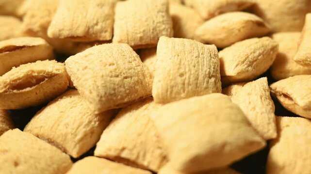 Corn puffs. Breakfast cereal texture. food background