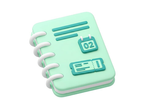 Green notebook with calendar and ticket on transparent background isolated