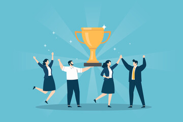 Diverse business team of four people celebrating a victory, holding a large gold trophy. Flat design art representing achievement, cooperation, and collective triumph in a workplace setting.