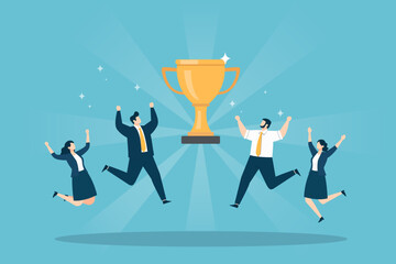 A diverse business team celebrating success by jumping around a large gold trophy, flat design, teamwork and goal achievement theme.