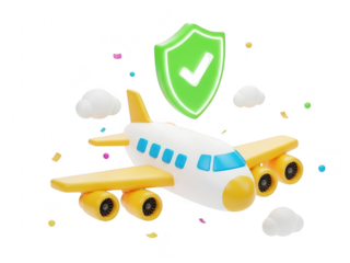Airplane with green shield approval for safe flying isolated on transparent background