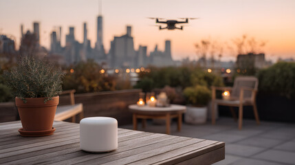 Obraz premium Drone flies over a rooftop patio with city skyline at sunset