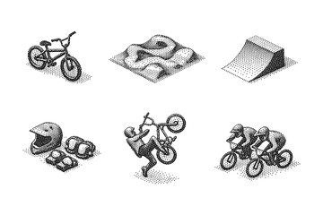 Obraz premium Bmx stunts and equipment in halftone style featuring ramps and helmets