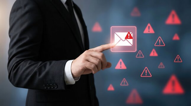Businessman pointing at digital warning email icon surrounded by red alert triangles, representing cybersecurity threat, spam, phishing, or important notification concept in a dark digital environment - Powered by Adobe