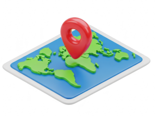 A 3d map with a red location pin on a blue and green globe isolated on transparent background