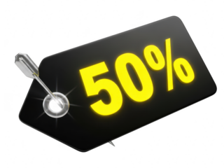 Discount fifty percent off sale tag with yellow text on black background isolated on transparent background