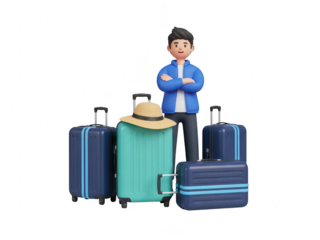 Man standing with multiple suitcases and a hat on one of them isolated on transparent background