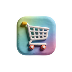 Clay style shopping cart icon on rounded square background, rendered as a colorful 3d object and isolated on transparent background. E-commerce and online shopping symbol for apps, UI design, stores