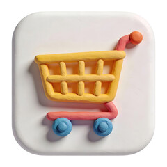 Clay style shopping cart icon on light square base, rendered as a soft 3d object and isolated on transparent background. E-commerce and retail symbol for apps, UI design, online stores, and shopping