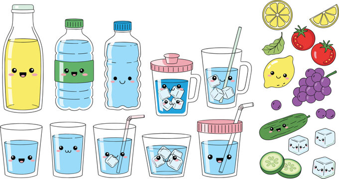 Cute cartoon drink and water illustration set with bottles glasses ice cubes and fresh fruits vector