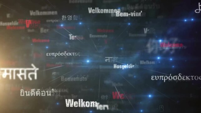 Diverse welcome message in multiple languages on futuristic background