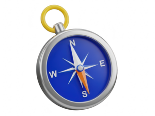 A silver and blue compass with a yellow ring on a transparent background isolated on transparent background