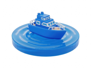 A blue boat on a blue base with ripples on a transparent background isolated on transparent background