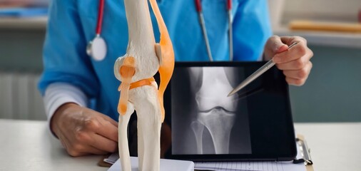 Doctor examines knee joint model while reviewing X-ray of patient leg