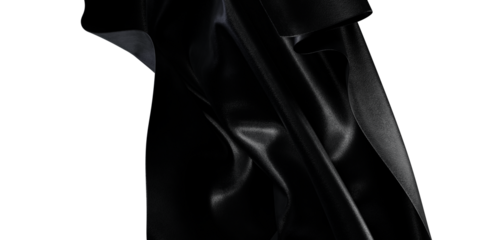 Close-up of a flowing black fabric, showcasing detailed texture, shadows, and light reflections, perfect for design and