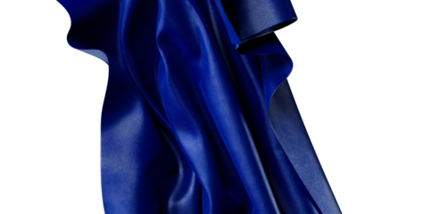 Close-up of vibrant blue silky fabric, showing graceful folds and texture against a pure white backdrop. Great for desig