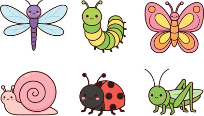Cute cartoon insect illustration set with butterfly caterpillar dragonfly ladybug snail and grasshopper vector © Sumon Creative