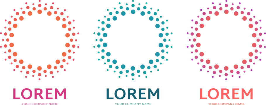 A round logo concept. Abstract creative templates for business, pharmacology, medicine in different colours. A circle consisting of dots. A stylish design element or a frame, spherical icon shape