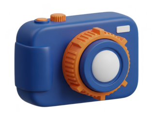 Blue and orange plastic toy camera on transparent background