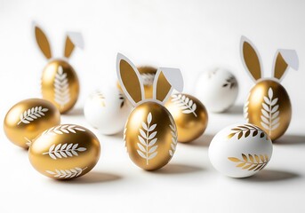 Elegant Easter Eggs with Gold and White Designs.