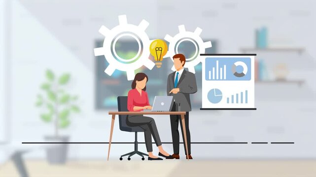 Team Collaborating on Data Analysis at Desk. Coworkers collaborating concept. Full length animation illustration. High quality&nbsp;4k&nbsp;footage