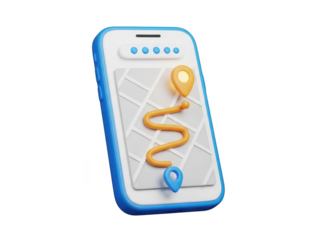 A smartphone with a map and navigation route on the screen isolated on transparent background